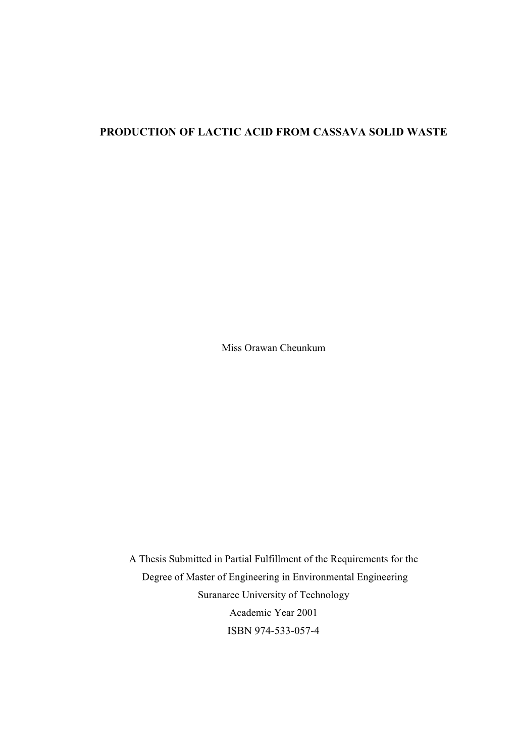 Production of Lactic Acid from Cassava Solid Waste