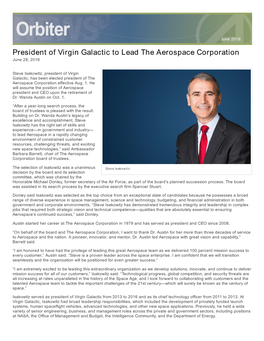President of Virgin Galactic to Lead the Aerospace Corporation June 28, 2016