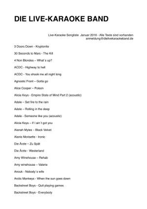 Live-Karaoke Songliste Januar 2016 - Alle Texte Sind Vorhanden Anmeldung@Dielivekaraokeband.De