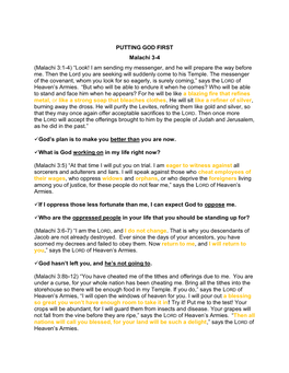 PUTTING GOD FIRST Malachi 3-4 (Malachi 3:1-4) “Look! I Am Sending My Messenger, and He Will Prepare the Way Before Me. Then Th