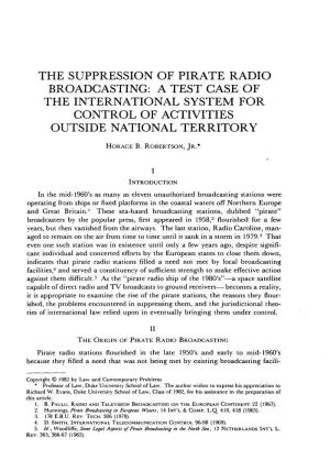 The Suppression of Pirate Radio Broadcasting: a Test Case of the International System for Control of Activities Outside National Territory