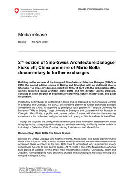 2Nd Edition of Sino-Swiss Architecture Dialogue Kicks Off; China Premiere of Mario Botta Documentary to Further Exchanges