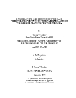 Investigations Into the Ethnographic and Prehistoric Importance of Freshwater Molluscs on the Interior Plateau of British Columbia