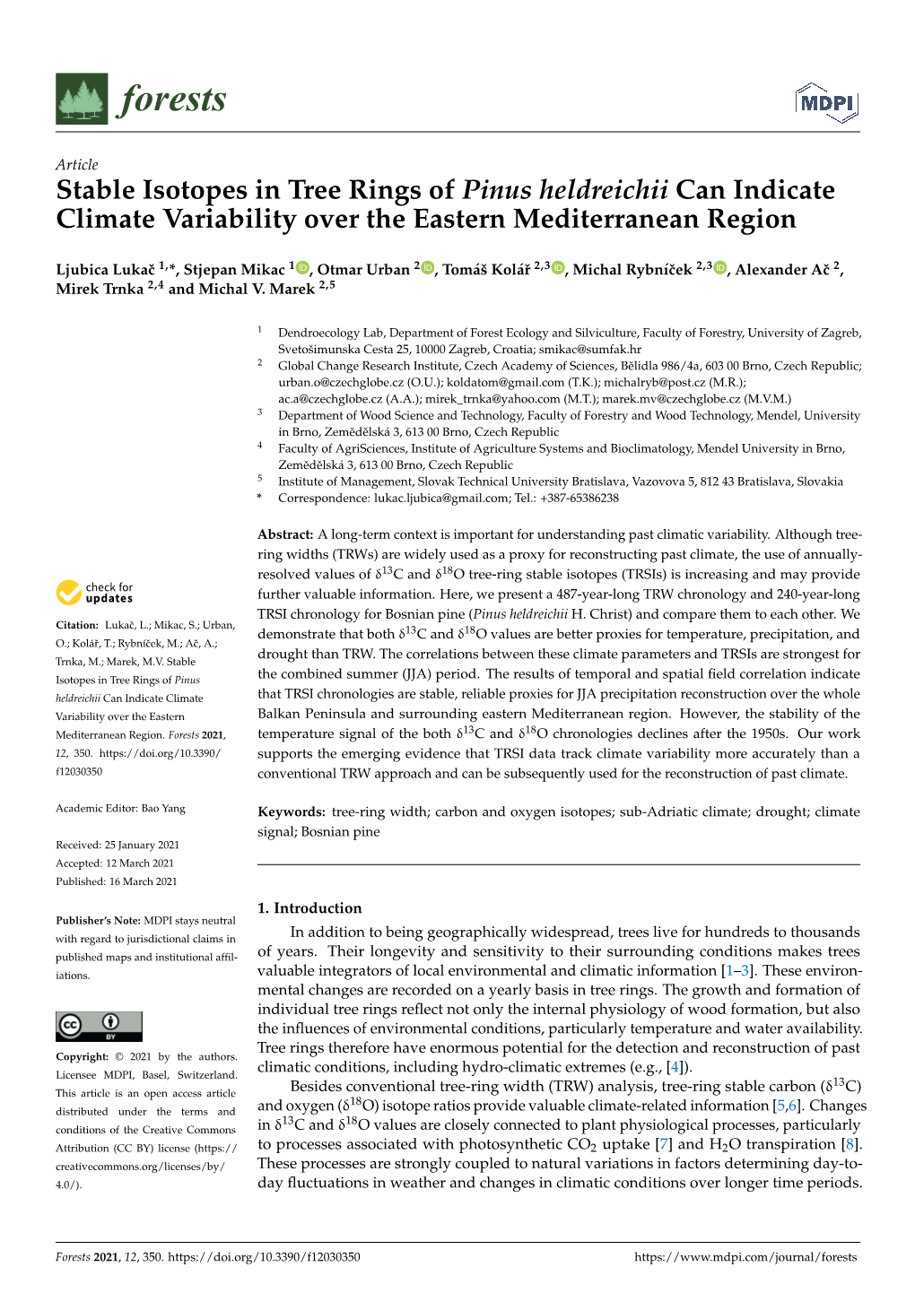 Stable Isotopes in Tree Rings of Pinus Heldreichii Can Indicate Climate Variability Over the Eastern Mediterranean Region