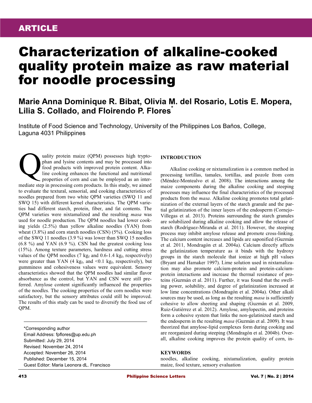 Characterization of Alkaline-Cooked Quality Protein Maize As Raw Material for Noodle Processing