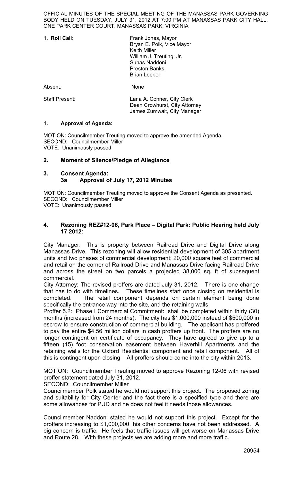 Official Minutes of the Manassas Park Governing Body Meeting Held on Tuesday May 8, 2007