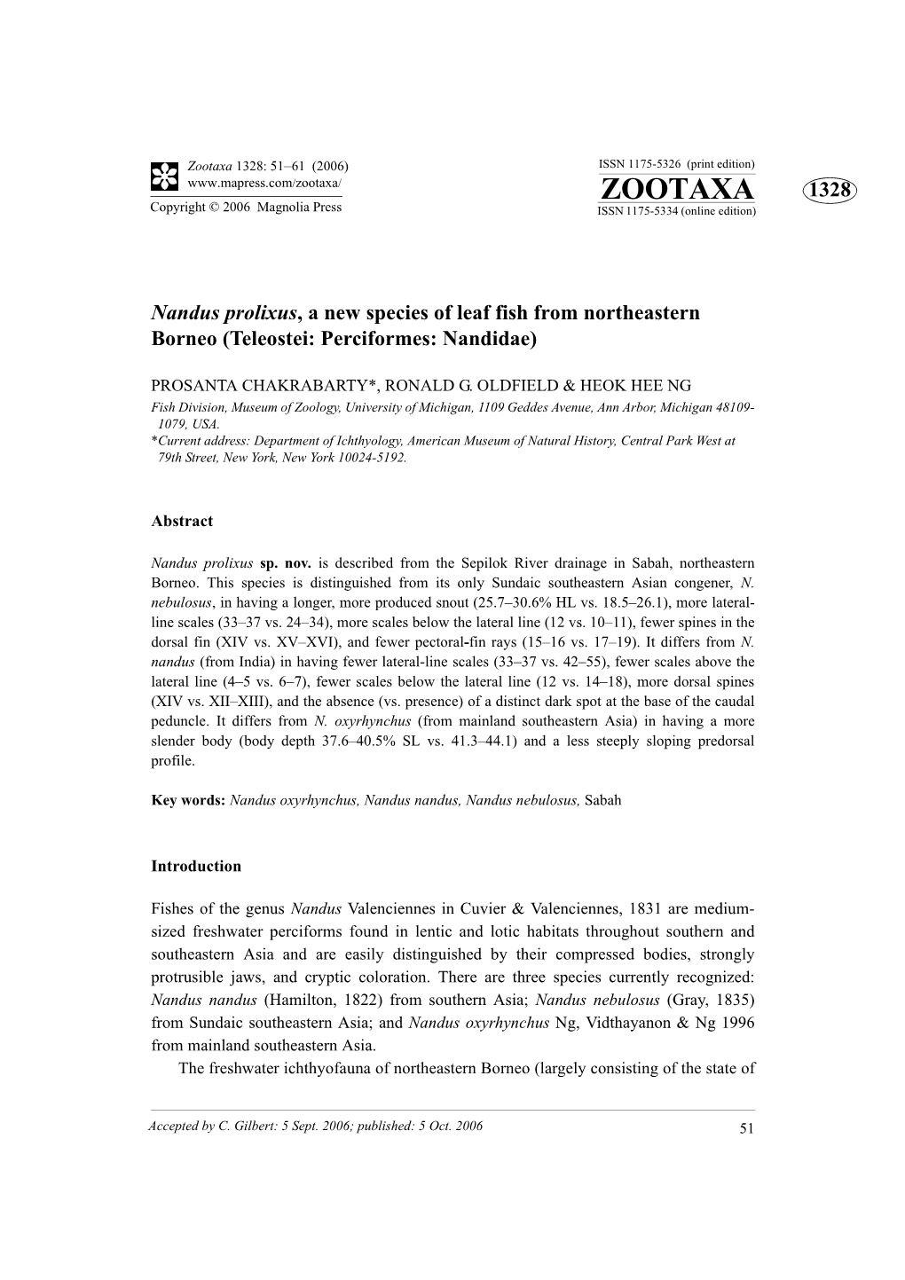 Zootaxa: Nandus Prolixus, a New Species of Leaf Fish From