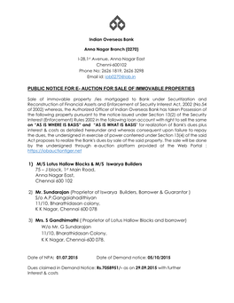 Auction for Sale of Immovable Properties 1) M