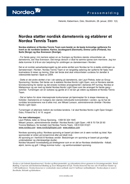 Nordea Støtter Nordisk Dametennis Og Etablerer Et Nordea Tennis Team