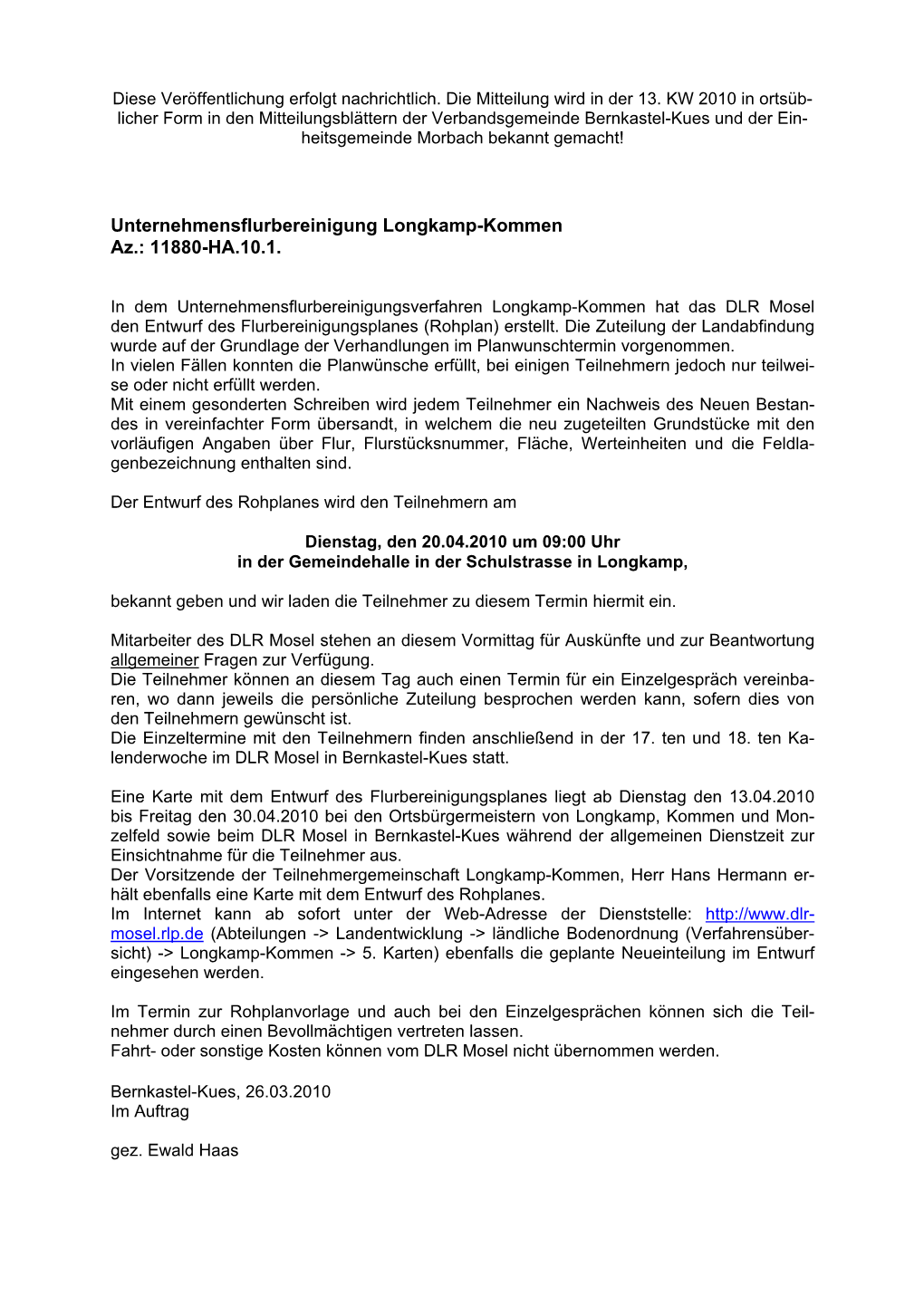 Unternehmensflurbereinigung Longkamp-Kommen Az.: 11880-HA.10.1