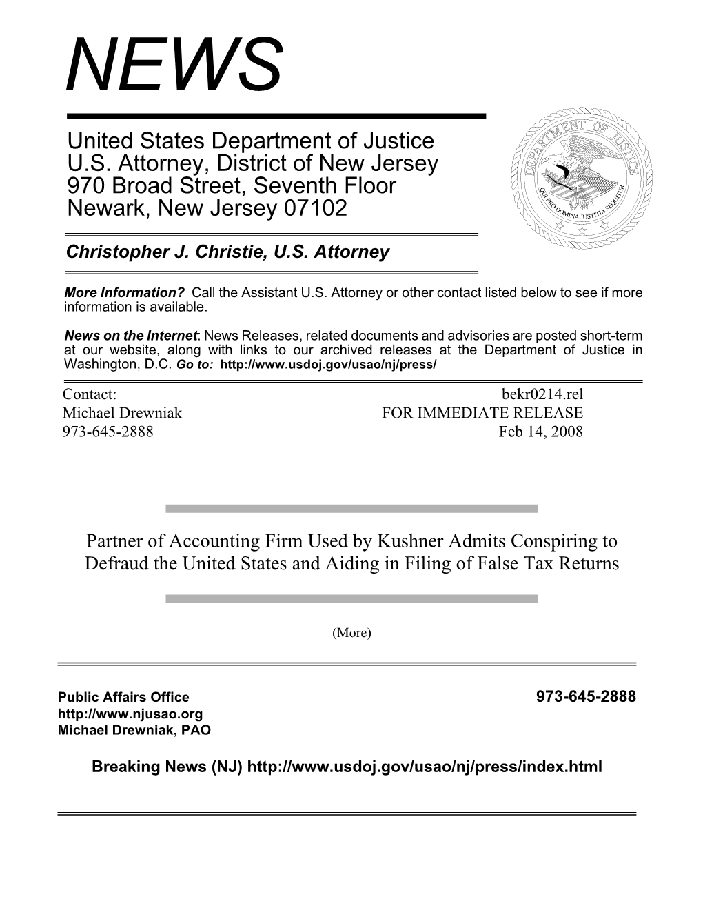 United States Department of Justice U.S. Attorney, District of New Jersey 970 Broad Street, Seventh Floor Newark, New Jersey 07102