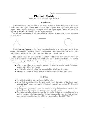 Platonic Solids Math 165, Class Exercise, Sept