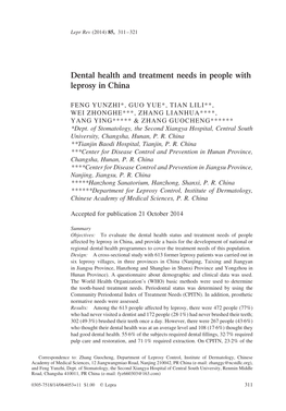 Dental Health and Treatment Needs in People with Leprosy in China