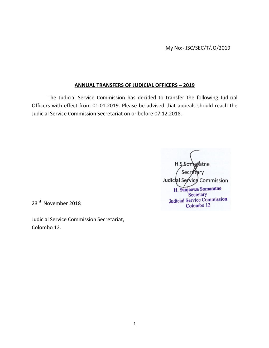 Jsc/Sec/T/Jo/2019 Annual Transfers of Judicial Officers