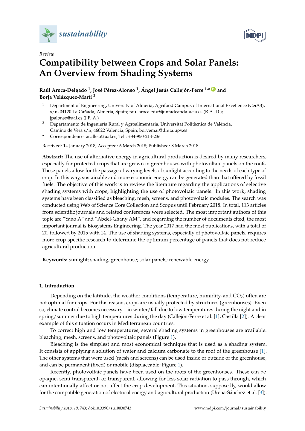 Compatibility Between Crops and Solar Panels: an Overview from Shading Systems