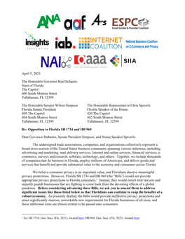 Joint Industry Letter in Opposition to FL SB 1734 and HB