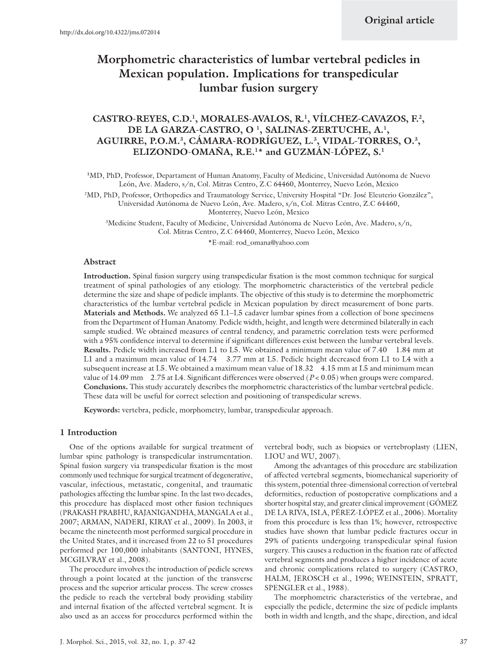 Morphometric Characteristics of Lumbar Vertebral Pedicles in Mexican Population