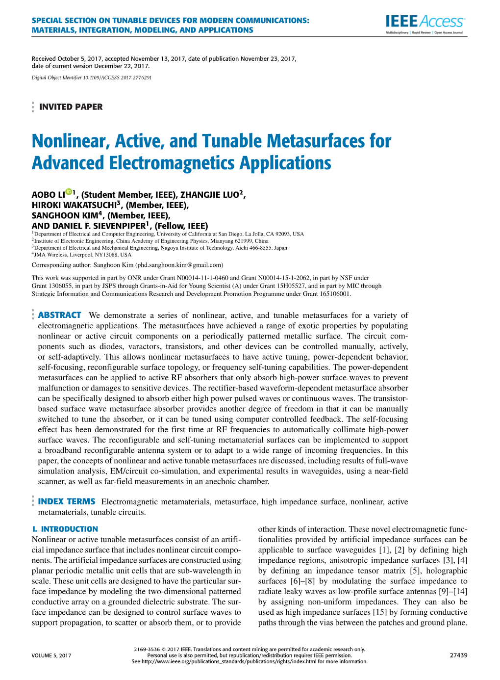 Nonlinear, Active, and Tunable Metasurfaces for Advanced Electromagnetics Applications