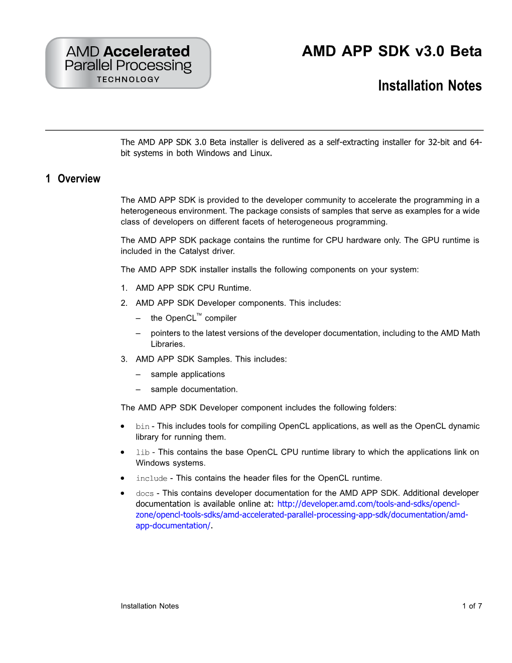 AMD APP SDK Installation Notes Guide Corresponding to That AMD APP SDK Version