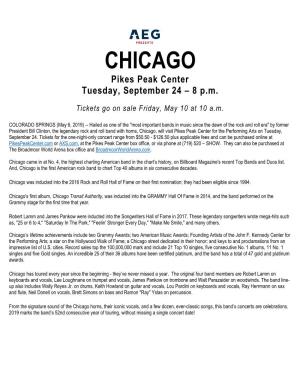 CHICAGO Pikes Peak Center Tuesday, September 24 – 8 P.M