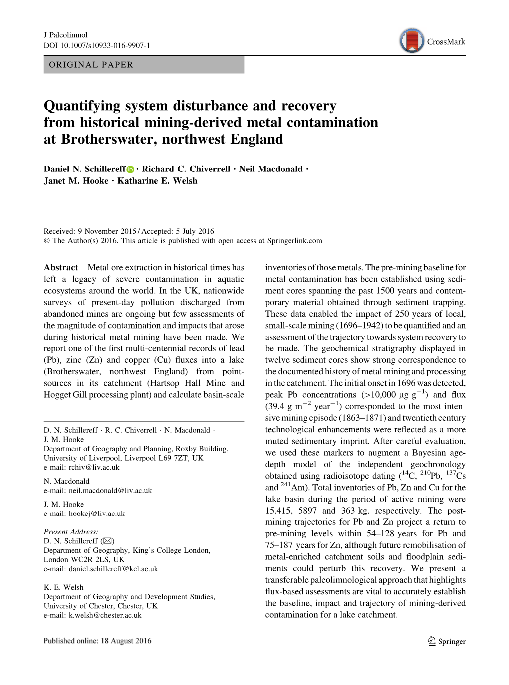 Quantifying System Disturbance and Recovery from Historical Mining-Derived Metal Contamination at Brotherswater, Northwest England