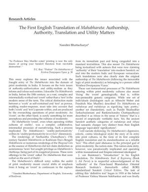 The First English Translation of Mahabharata: Authorship, Authority, Translation and Utility Matters