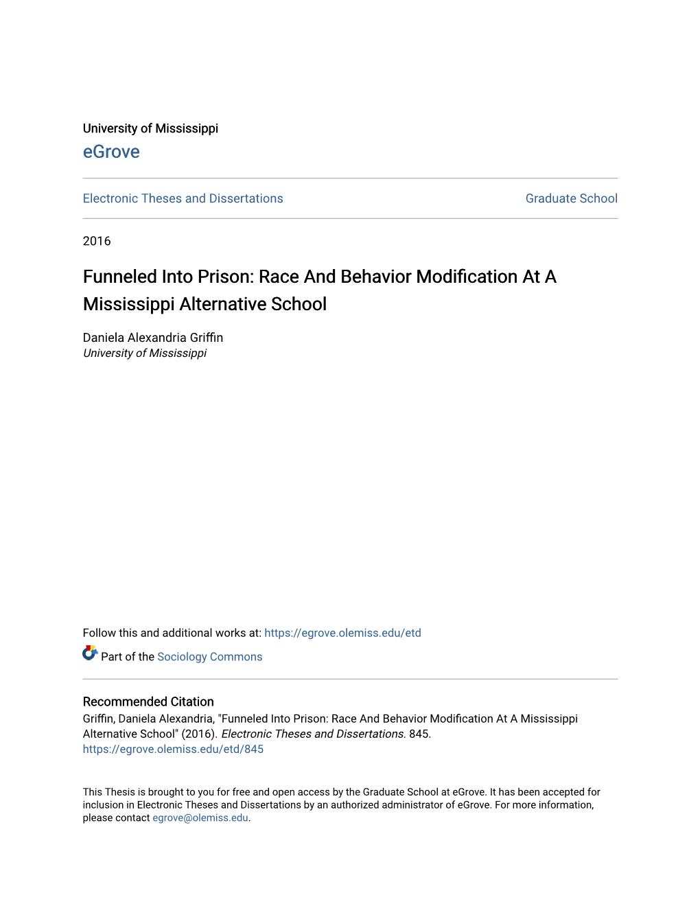 Race and Behavior Modification at a Mississippi Alternative School" (2016)