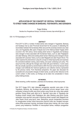 Application of the Concept of Critical Toponymies to Street Name Changes in Bandung, Yogyakarta, and Surabaya
