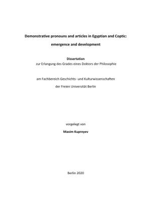 Demonstrative Pronouns and Articles in Egyptian and Coptic