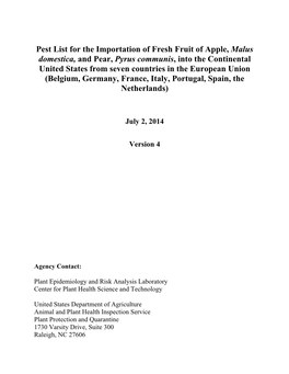 Pest List for the Importation of Fresh Fruit of Apple, Malus