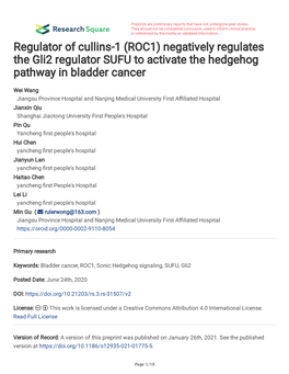 (ROC1) Negatively Regulates the Gli2 Regulator SUFU to Activate the Hedgehog Pathway in Bladder Cancer