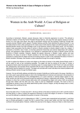 Women in the Arab World: a Case of Religion Or Culture? Written by Desiree Bryan
