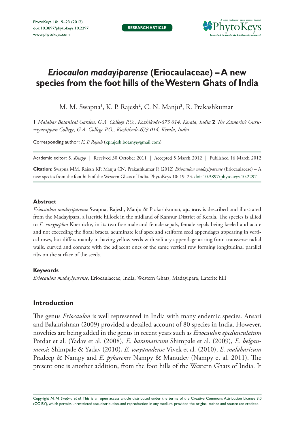 Eriocaulon Madayiparense (Eriocaulaceae) – a New Species from the Foot Hills of the Western Ghats of India