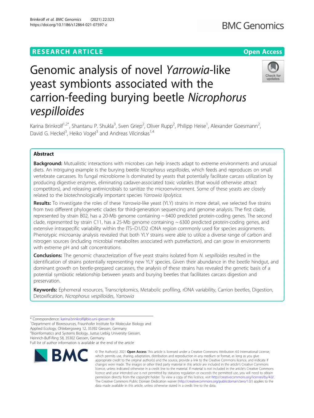 Genomic Analysis of Novel Yarrowia-Like Yeast Symbionts Associated with the Carrion-Feeding Burying Beetle Nicrophorus Vespilloides
