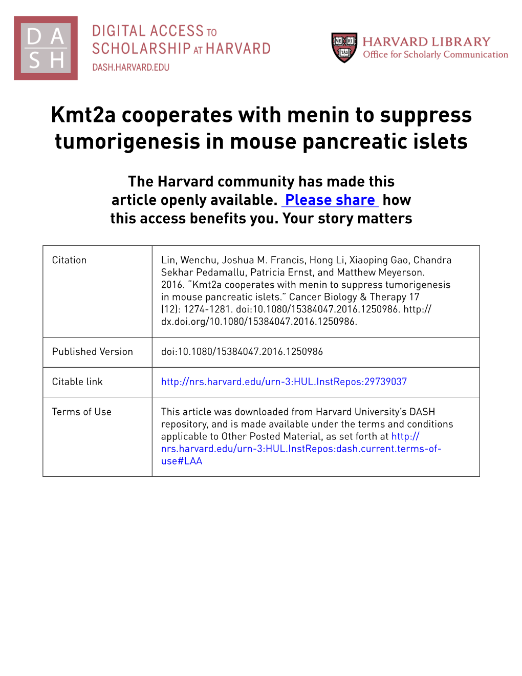 Kmt2a Cooperates with Menin to Suppress Tumorigenesis in Mouse Pancreatic Islets