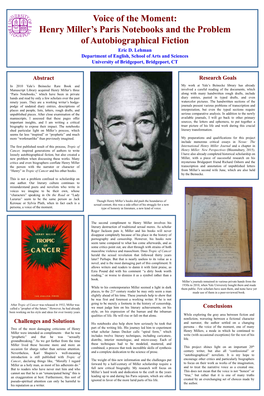 Voice of the Moment: Henry Miller's Paris Notebooks and the Problem of Autobiographical Fiction