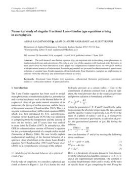 Numerical Study of Singular Fractional Lane–Emden Type Equations Arising in Astrophysics