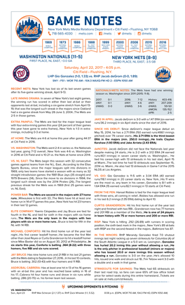 GAME NOTES New York Mets Media Relations Department • Citi Field • Flushing, NY 11368 718-565-4330 | Mets.Com | /Mets | @Mets | @Mets