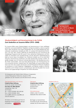 Symposium Am 25. Juni 2015 in Bonn Zum Gedenken an Susanne Miller (1915 – 2008)