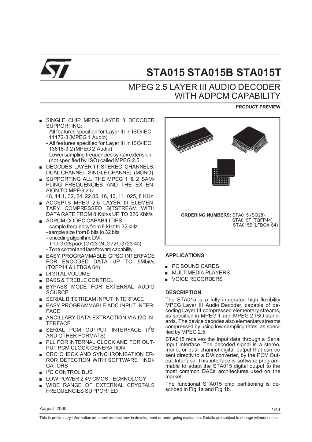 Mpeg 2.5 Layer Iii Audio Decoder with Adpcm Capability Product Preview