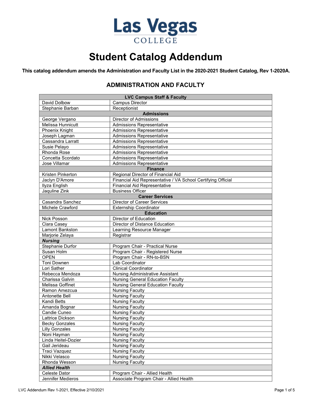 Student Catalog Addendum