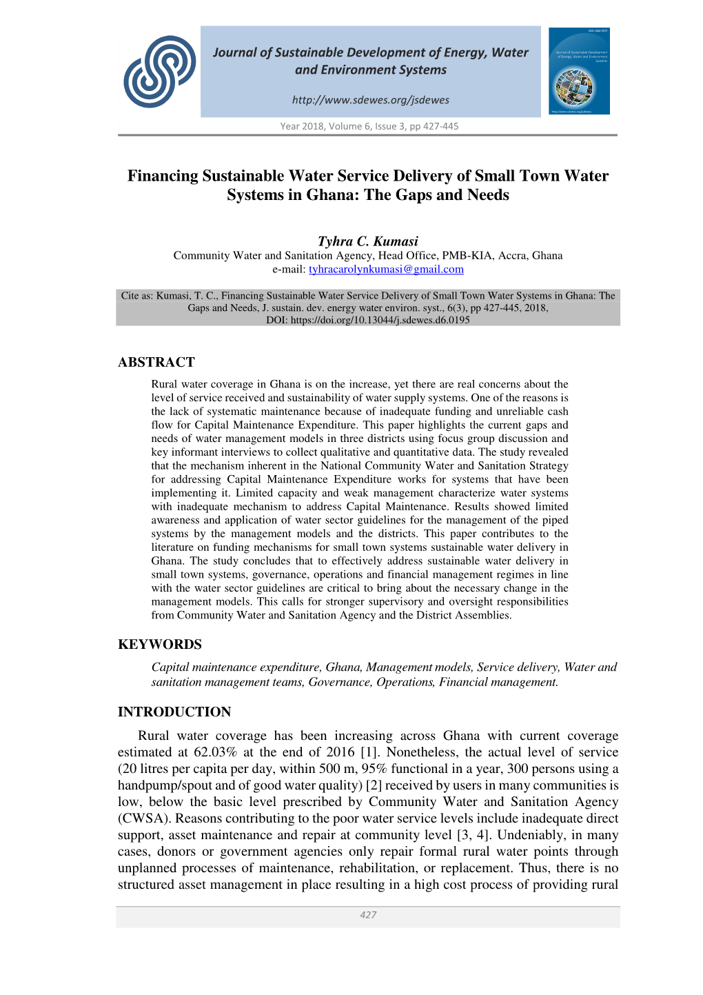 Financing Sustainable Water Service Delivery of Small Town Water Systems in Ghana: the Gaps and Needs