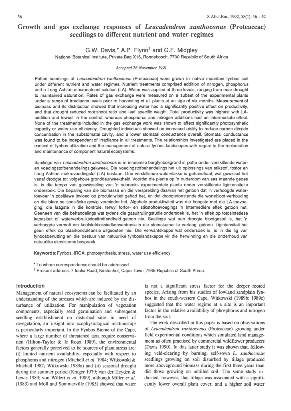 Growth and Gas Exchange Responses of Leucadendron Xanthoconus (Proteaceae) Seedlings to Different Nutrient and Water Regimes