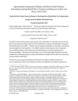 Queensland Community Thinkers and Their Social-Political Formations During World War I: Passion and Reason for War and Peace 1914-1919