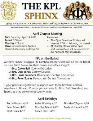 Alpha Phi Alpha Fraternity, Inc.  the KPL SPHINX  April 2018 2 SERVICE and ADVOCACY for OUR COMMUNITIES KPL Calendar