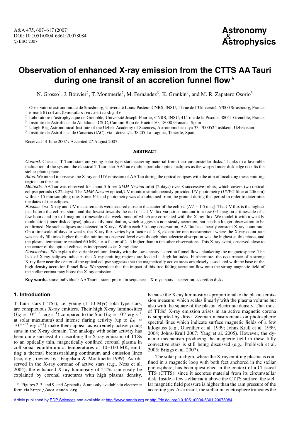 Observation of Enhanced X-Ray Emission from the CTTS AA Tauri During One Transit of an Accretion Funnel ﬂow