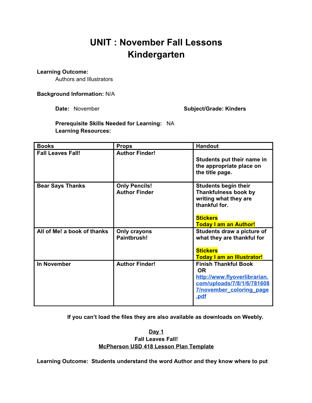 2014-15 Kindergarten November Fall Lessons