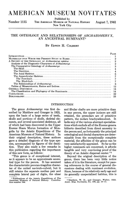 AMERICAN MUSEUM NOVITATES Published by Number 1135 the AMERICAN MUSEUM of NATURAL HISTORY August 7, 1941 New York City