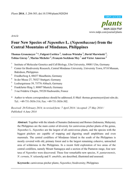 Four New Species of Nepenthes L. (Nepenthaceae) from the Central Mountains of Mindanao, Philippines