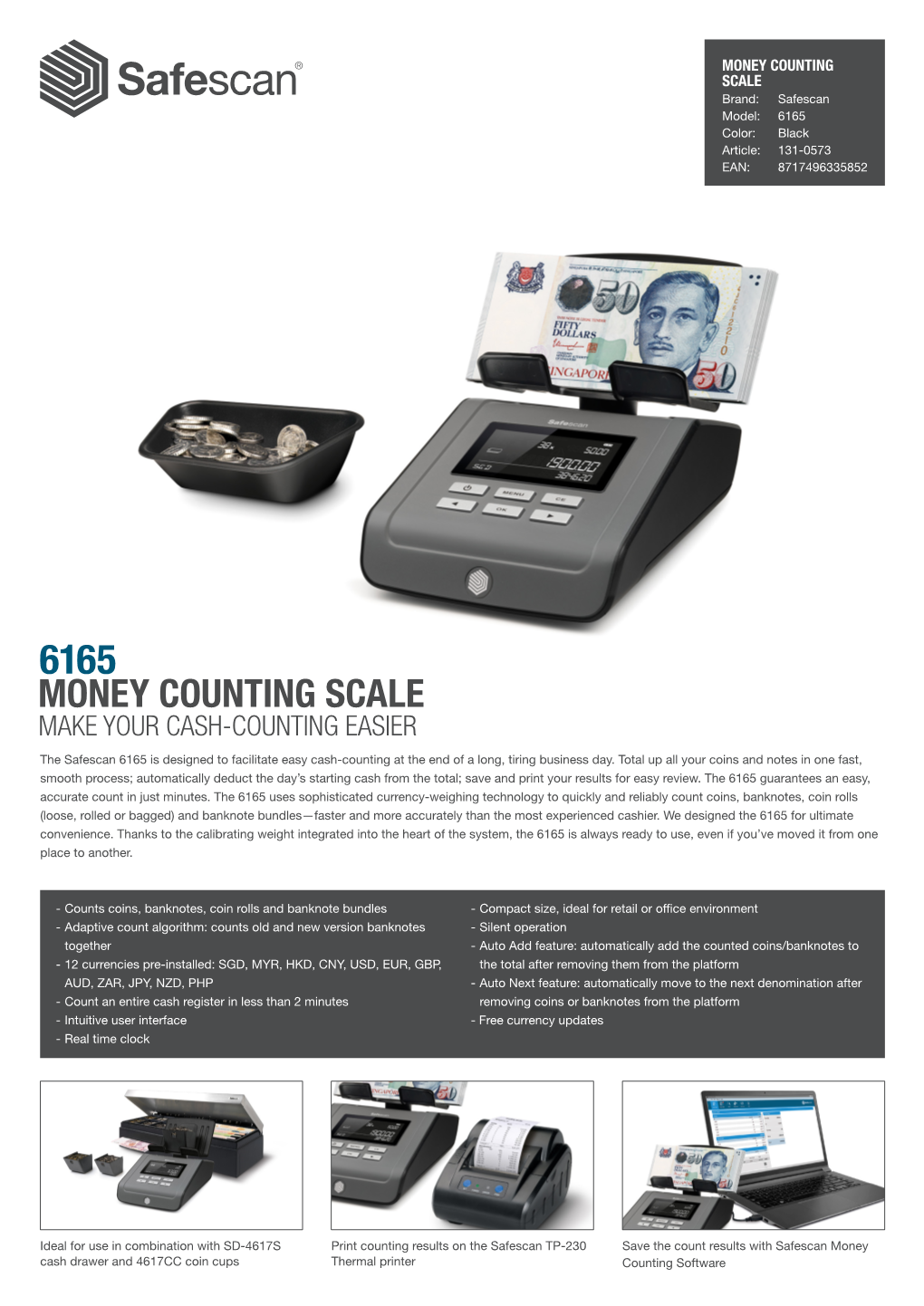 MONEY COUNTING SCALE Brand: Safescan Model: 6165 Color: Black Article: 131-0573 EAN: 8717496335852